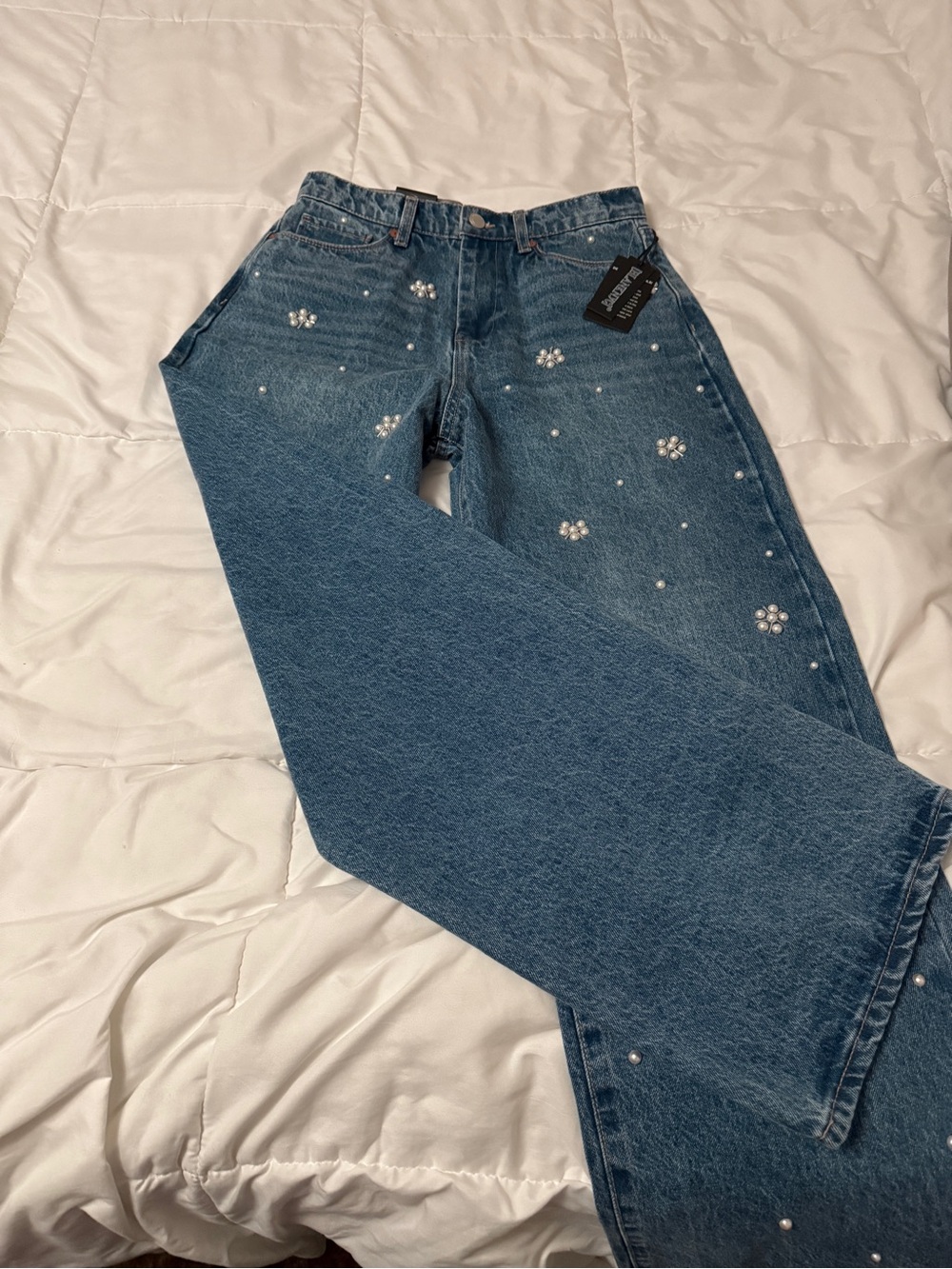 Revolve Embellished Pearl Flower Wide-Leg Jeans - Blue - Picture 2 of 3